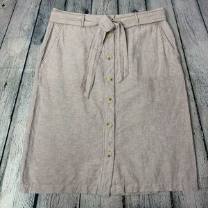 Liz Claiborne Linen Cotton Midi Skirt Light Beige Stripe Tie Waist Button size 8